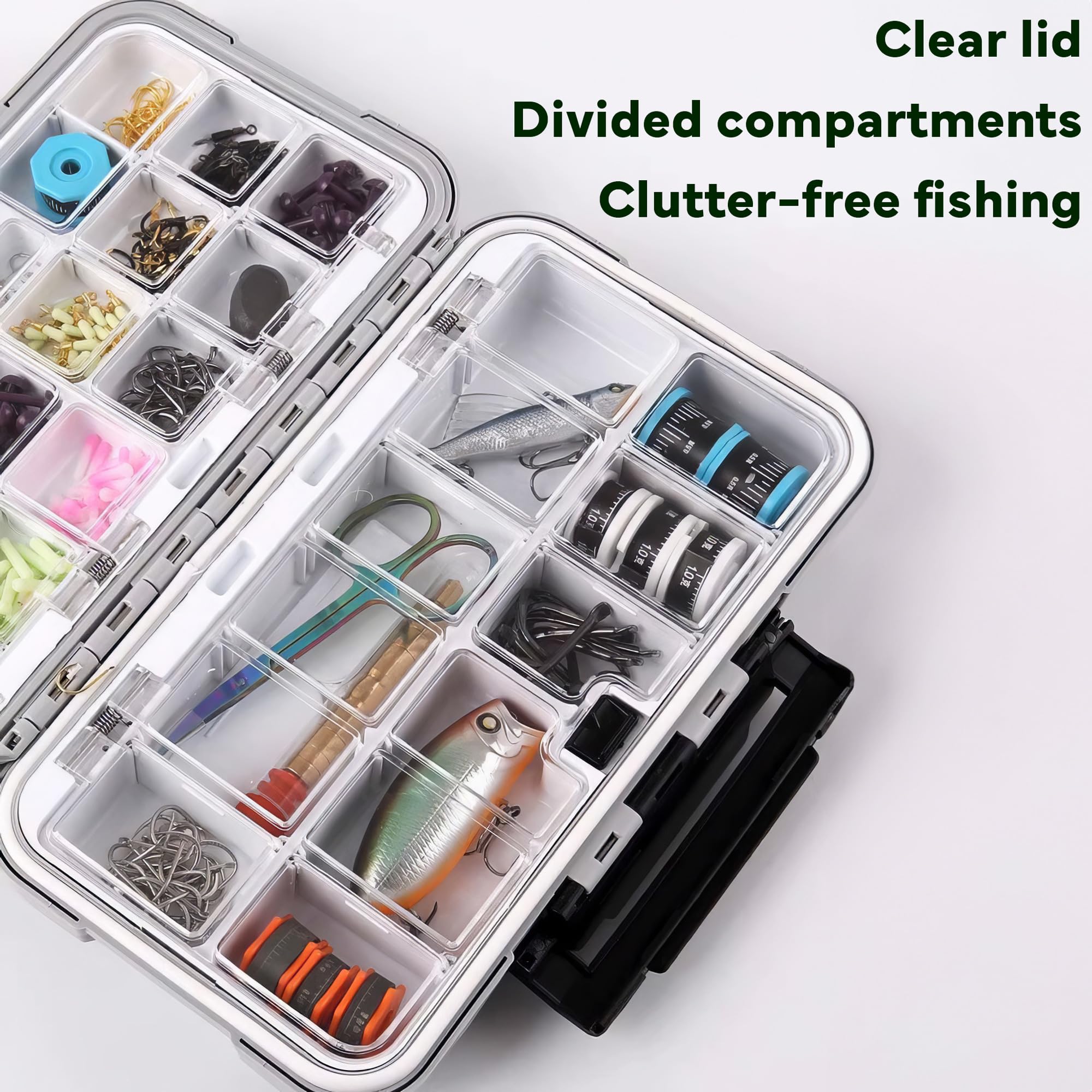 Tackle box showing up to 24 compartments for organizing gear