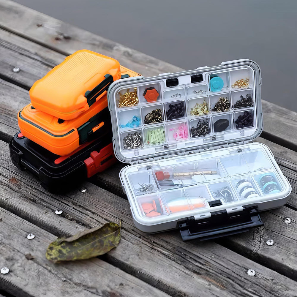 Piscorush Grey waterproof tackle box in vest pocket or backpack context