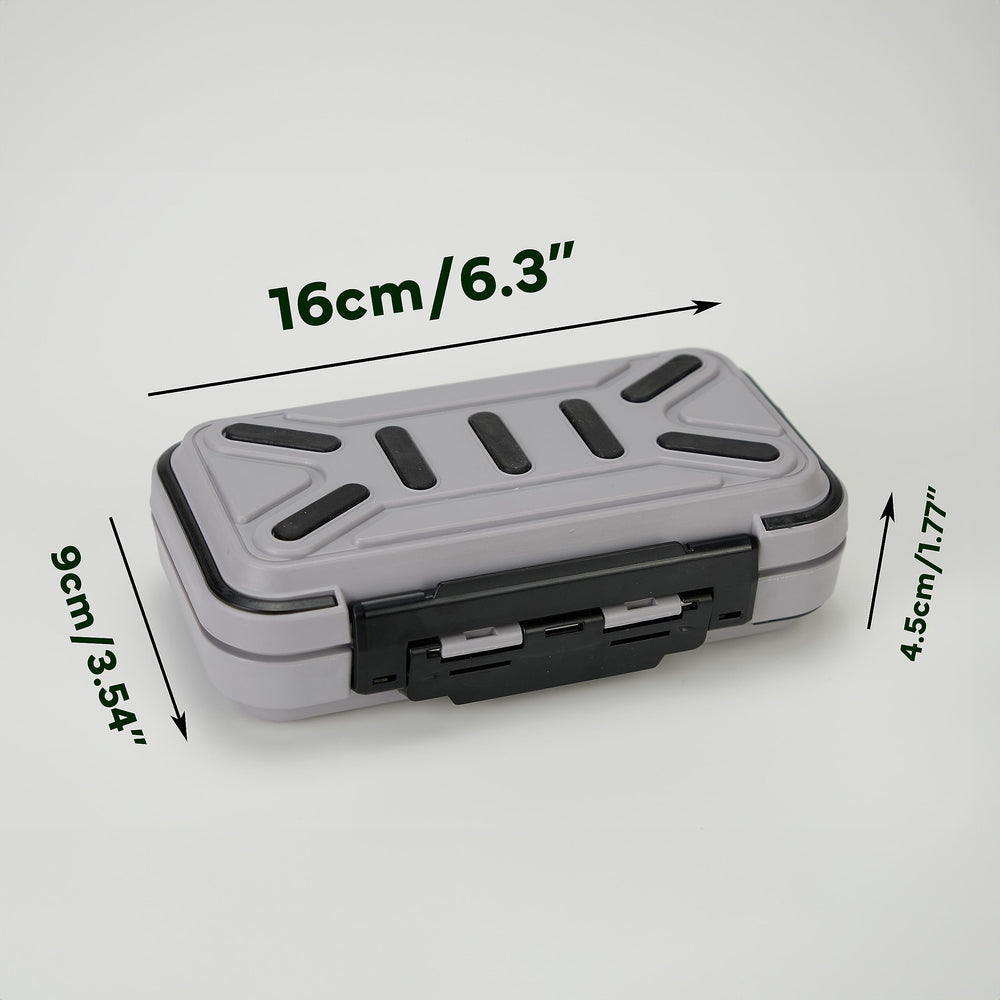 Piscorush Waterproof Tackle Box Grey – open with compartments visible