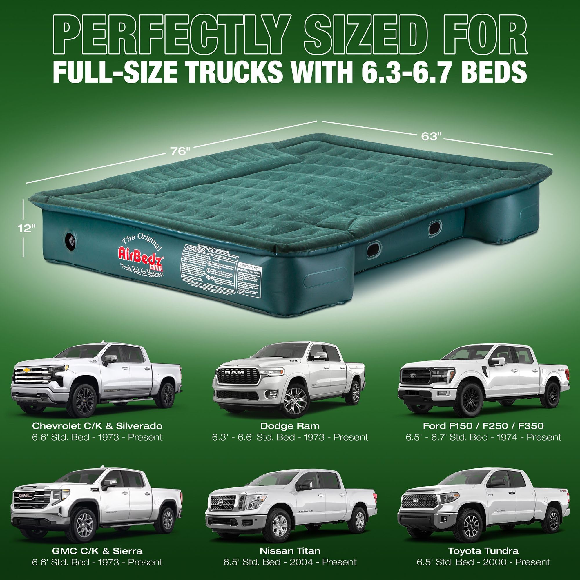 Inflated dimensions of AirBedz Lite are 76x63x12 inches