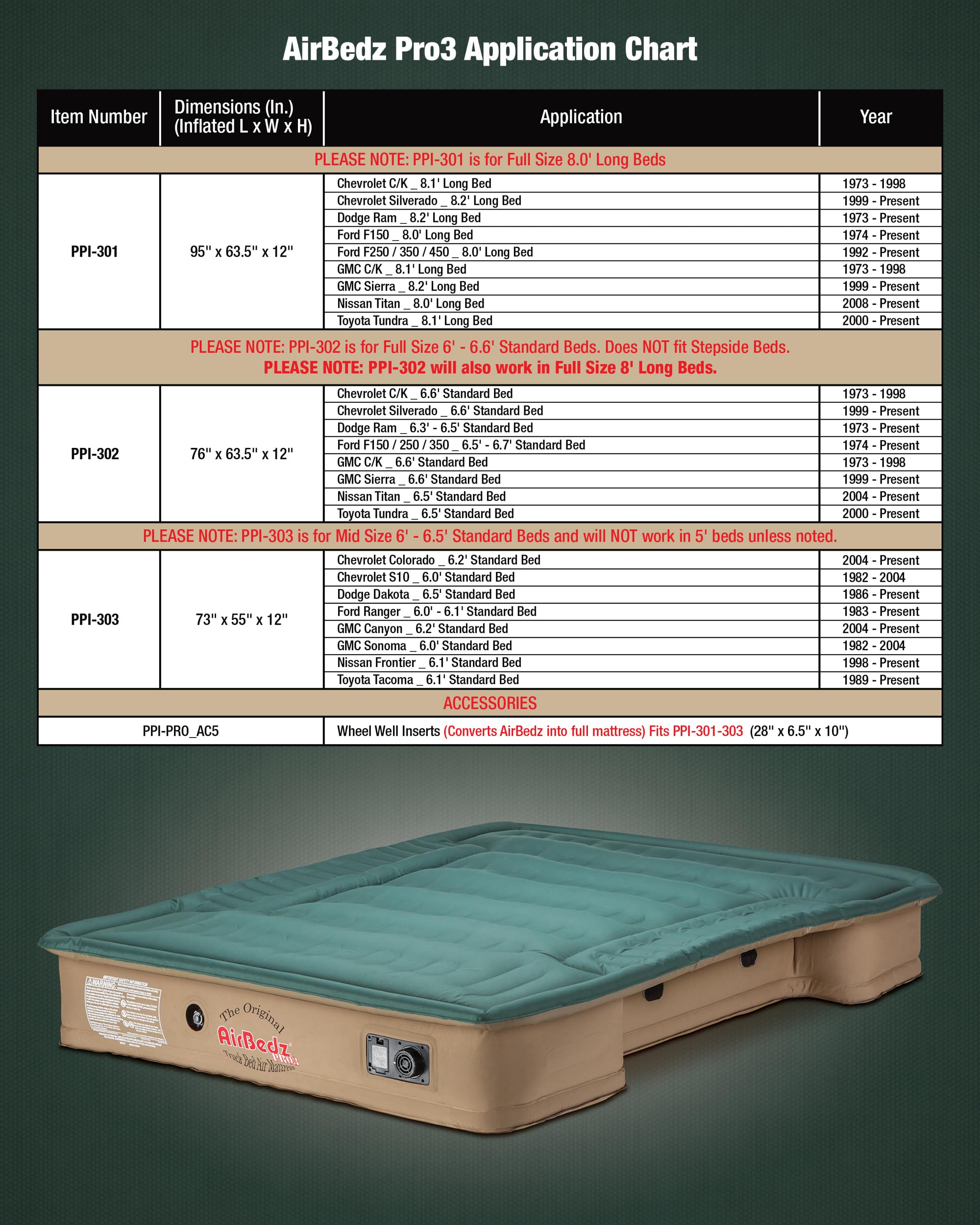 Pittman Outdoors AirBedz Pro3 wheel-well inserts for tent or guest room setups