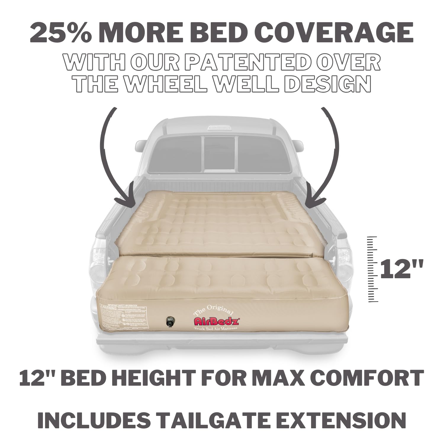 Tailgate-extension of Pittman Outdoors AirBedz mattress inflated for two-person comfort