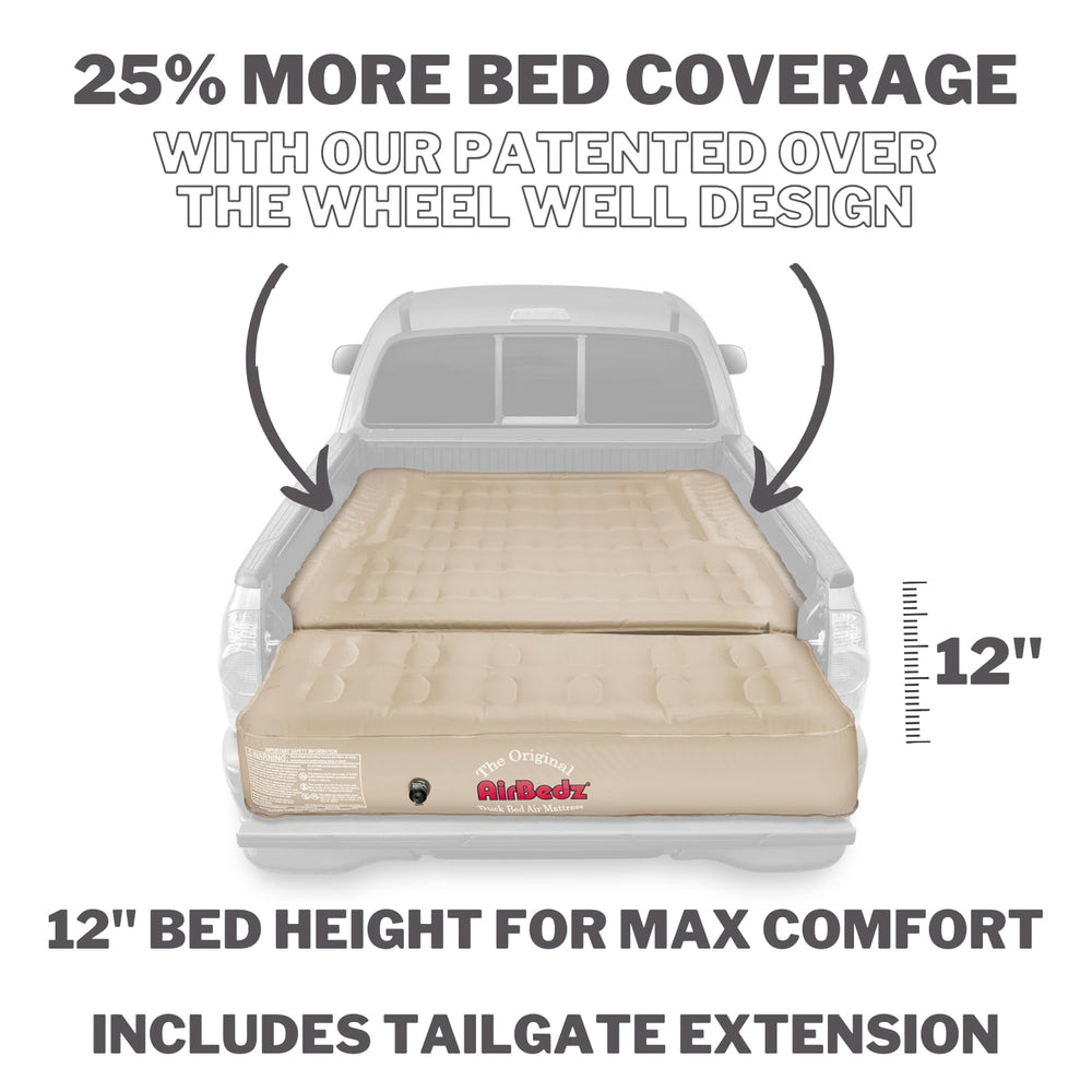 Tailgate-extension of Pittman Outdoors AirBedz mattress inflated for two-person comfort