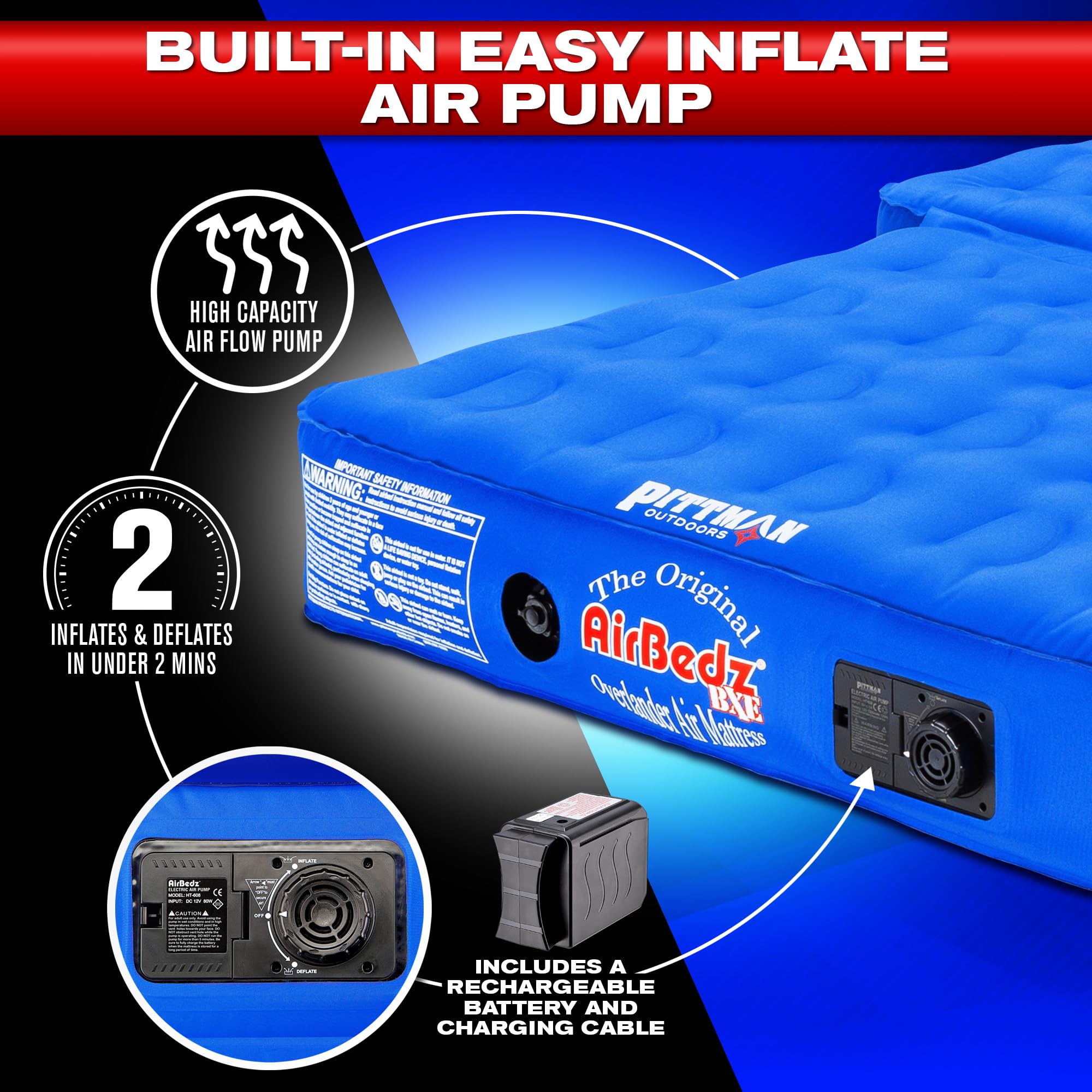 Pittman Outdoors bronco mattress inflated inside a vehicle for hotel-like comfort on trips.