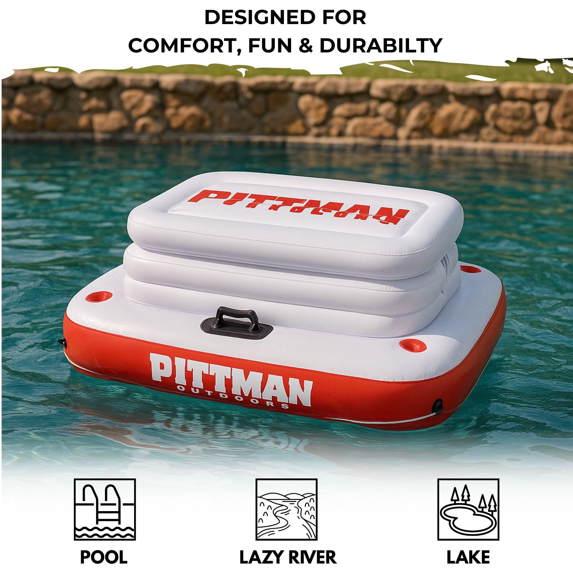In-water float design by Pittman Outdoors keeps drinks accessible during pool and river fun.