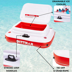 Floating ice chest holds open containers to sip without river water intrusion.