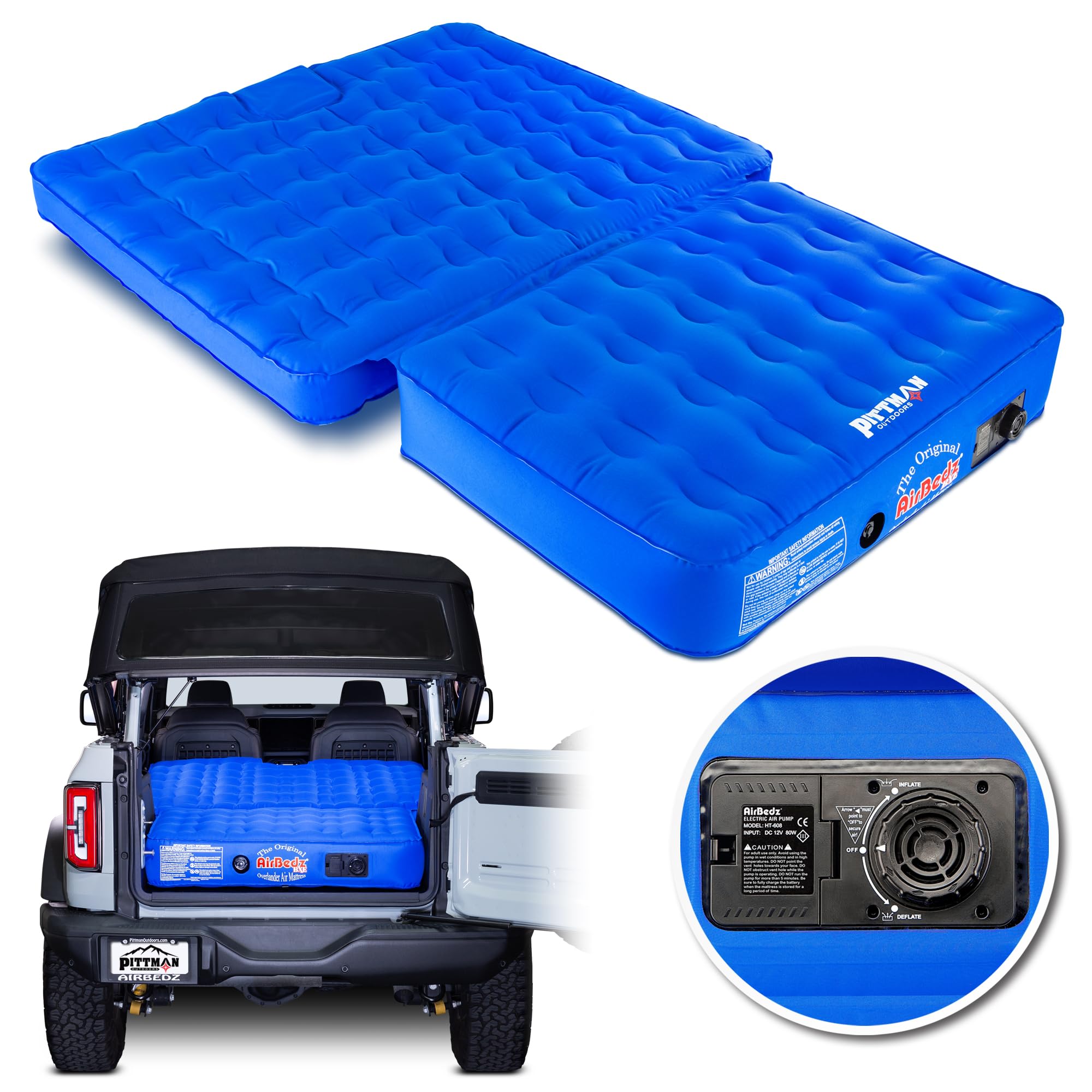 Pittman Outdoors Ford Bronco air mattress with pump enables quick, comfortable on-the-road camping.