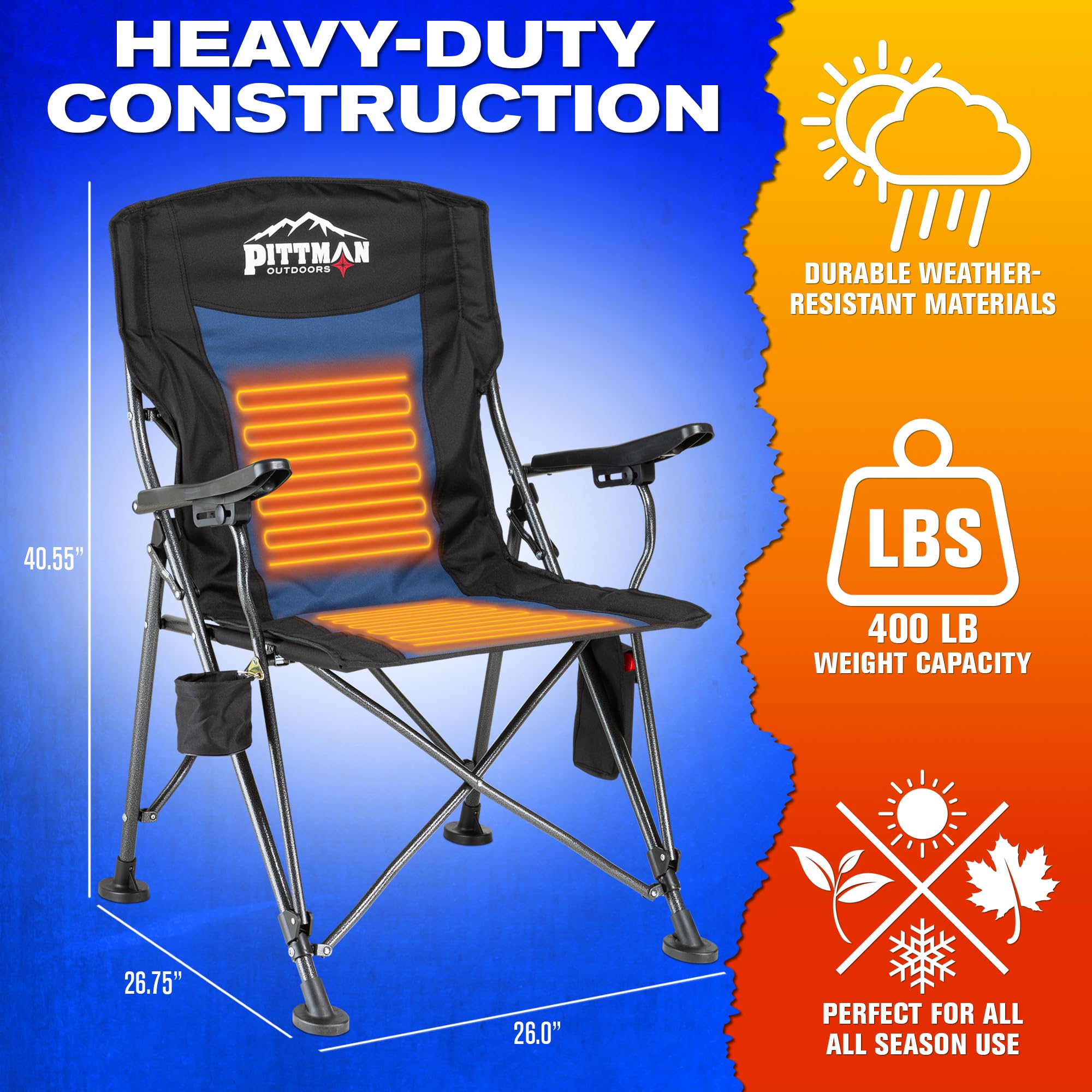 Pittman Outdoors heated chair with three heat levels for customizable warmth.