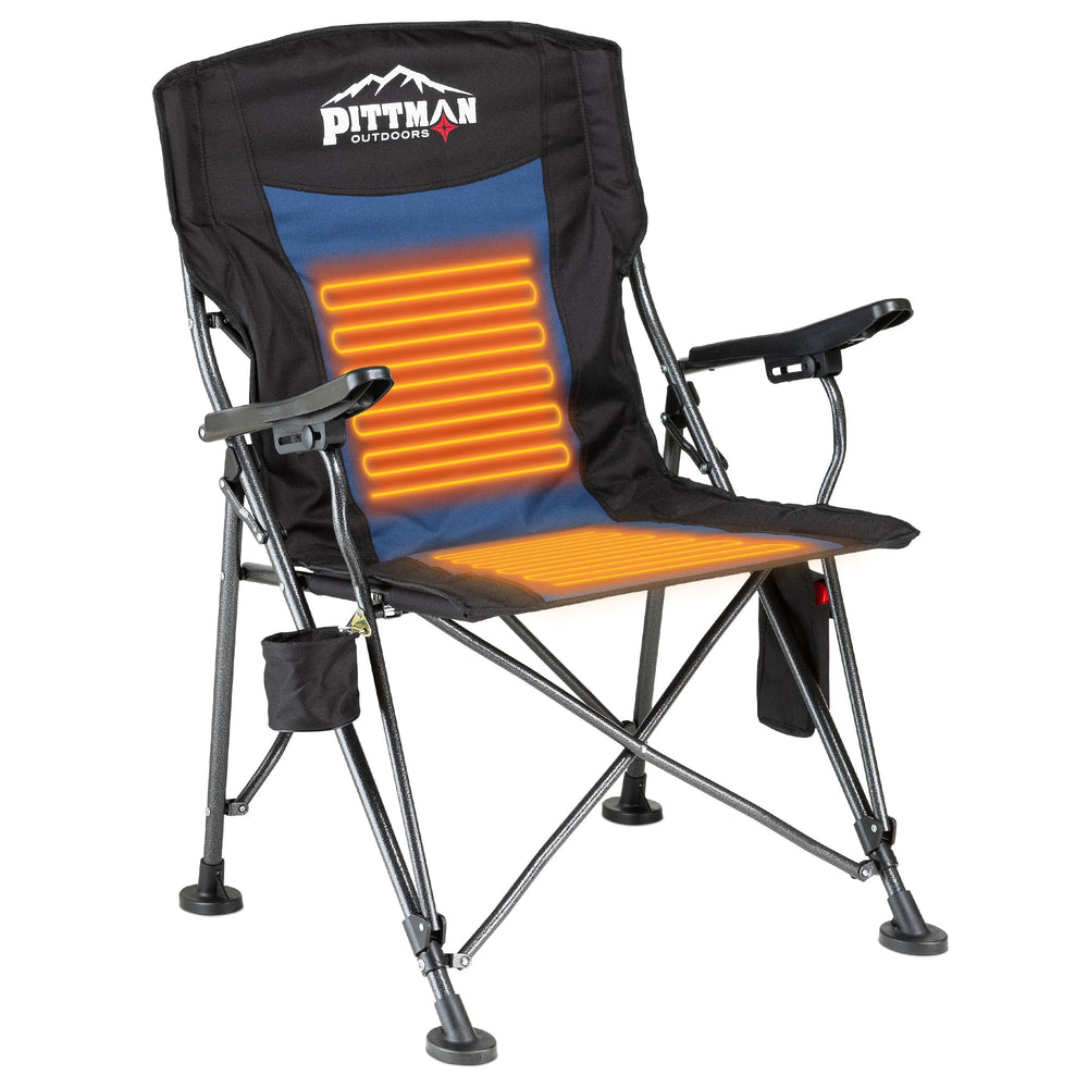 Pittman Outdoors heated chair showing full coverage heat for chilly campsites.