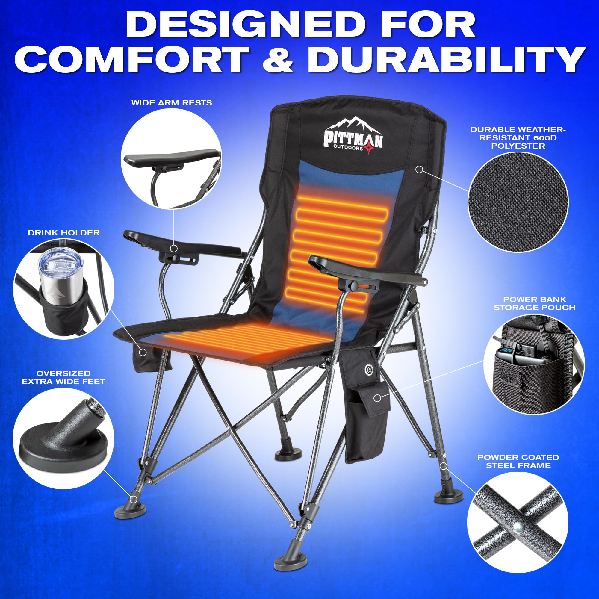 Pittman Outdoors heated chair’s wide base enhances stability on uneven ground.