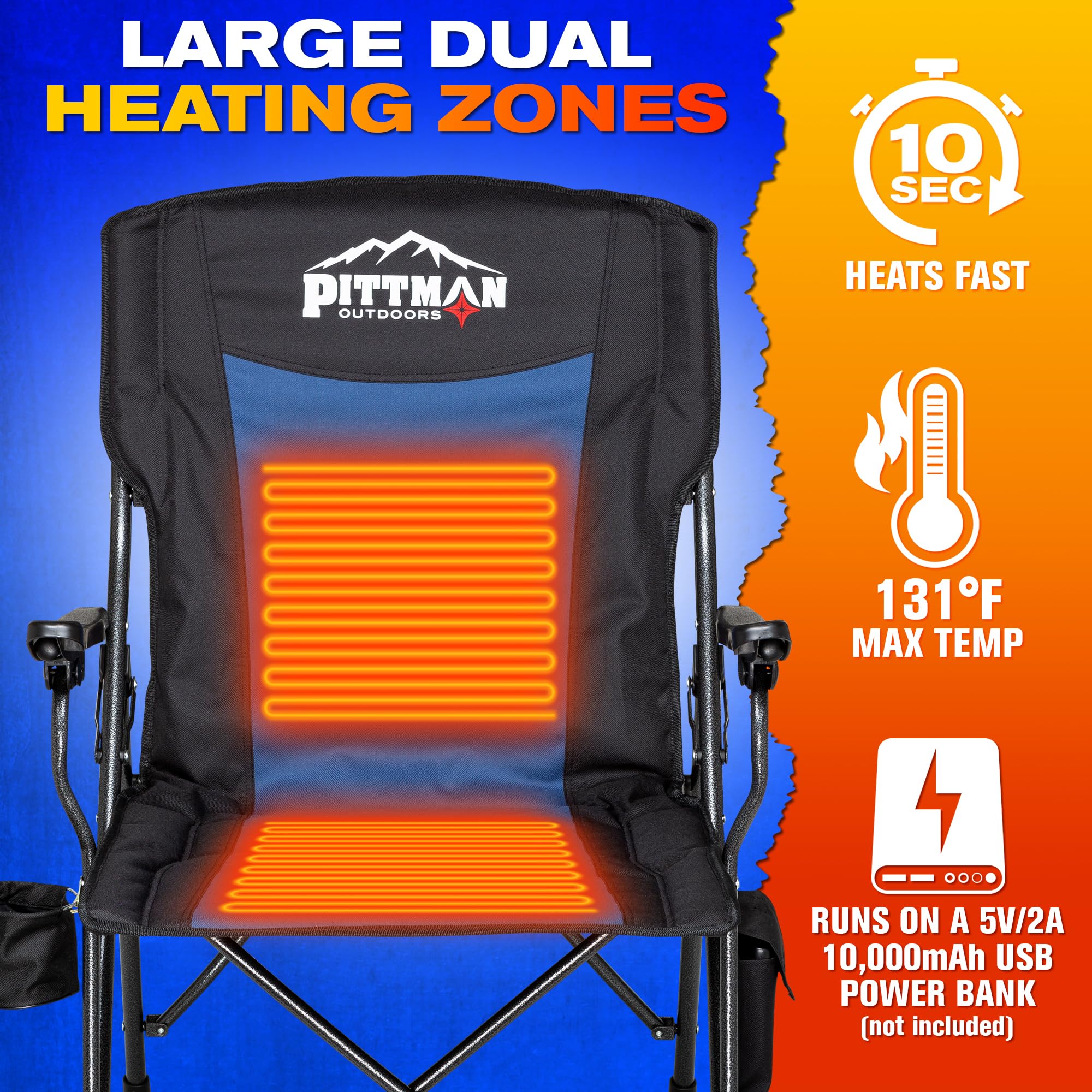 Pittman Outdoors heated chair uses weather-resistant fabric to resist rain and dirt.