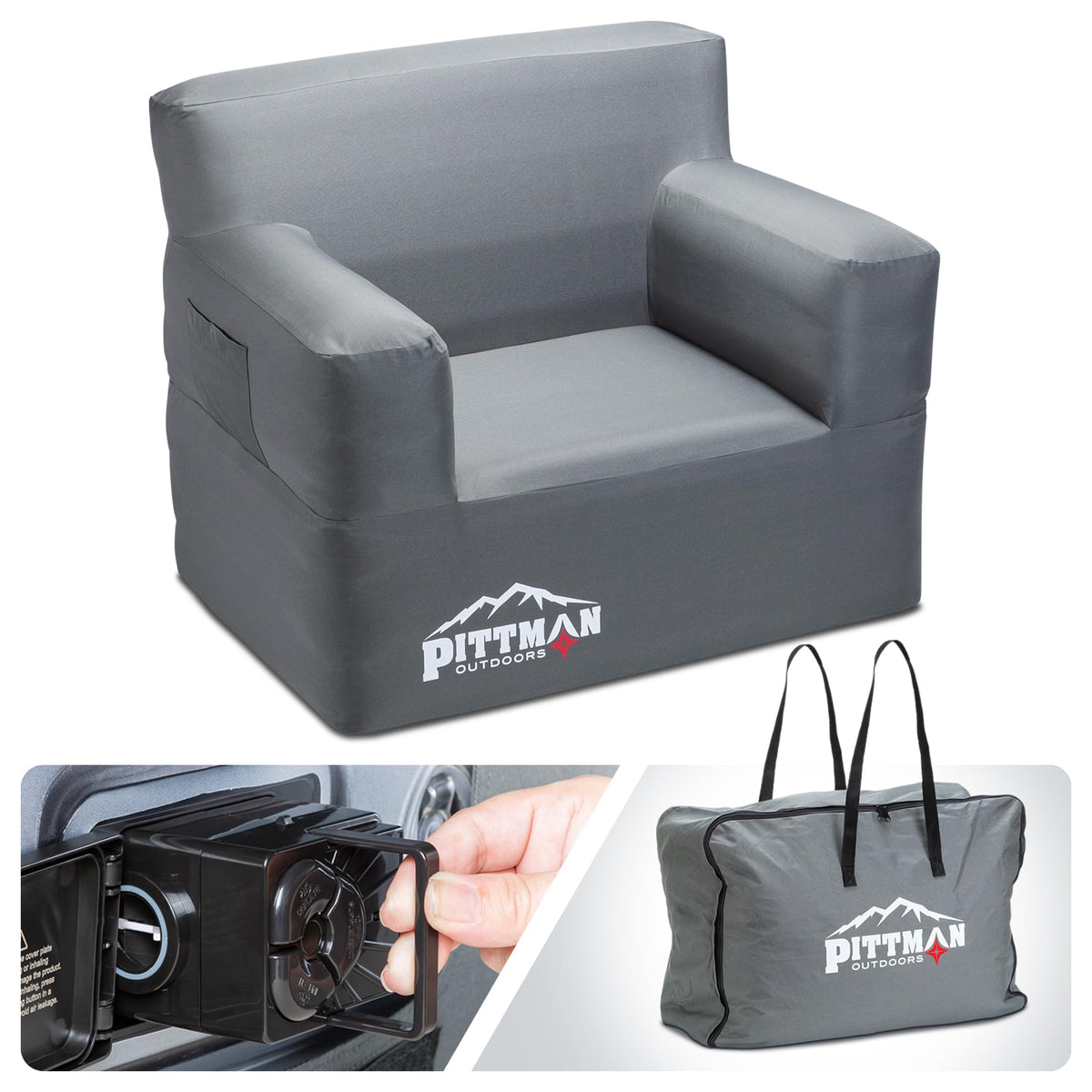 Pittman Outdoors inflatable chair with built-in pump in use for quick setup on camping trips.