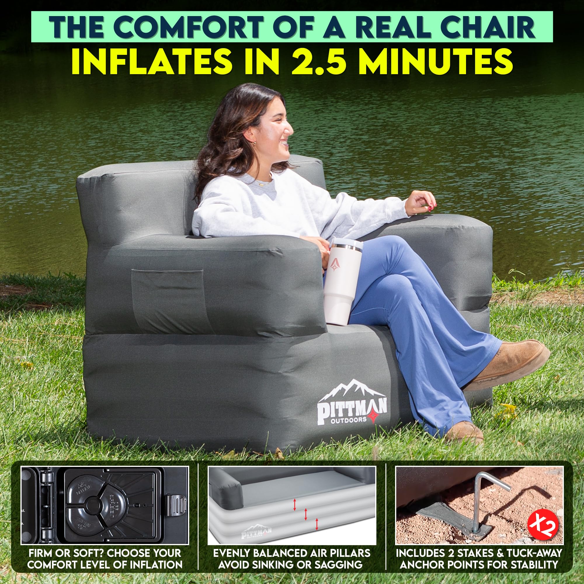 Pittman Outdoors inflatable chair with headrest offers relaxed seating by the campfire.