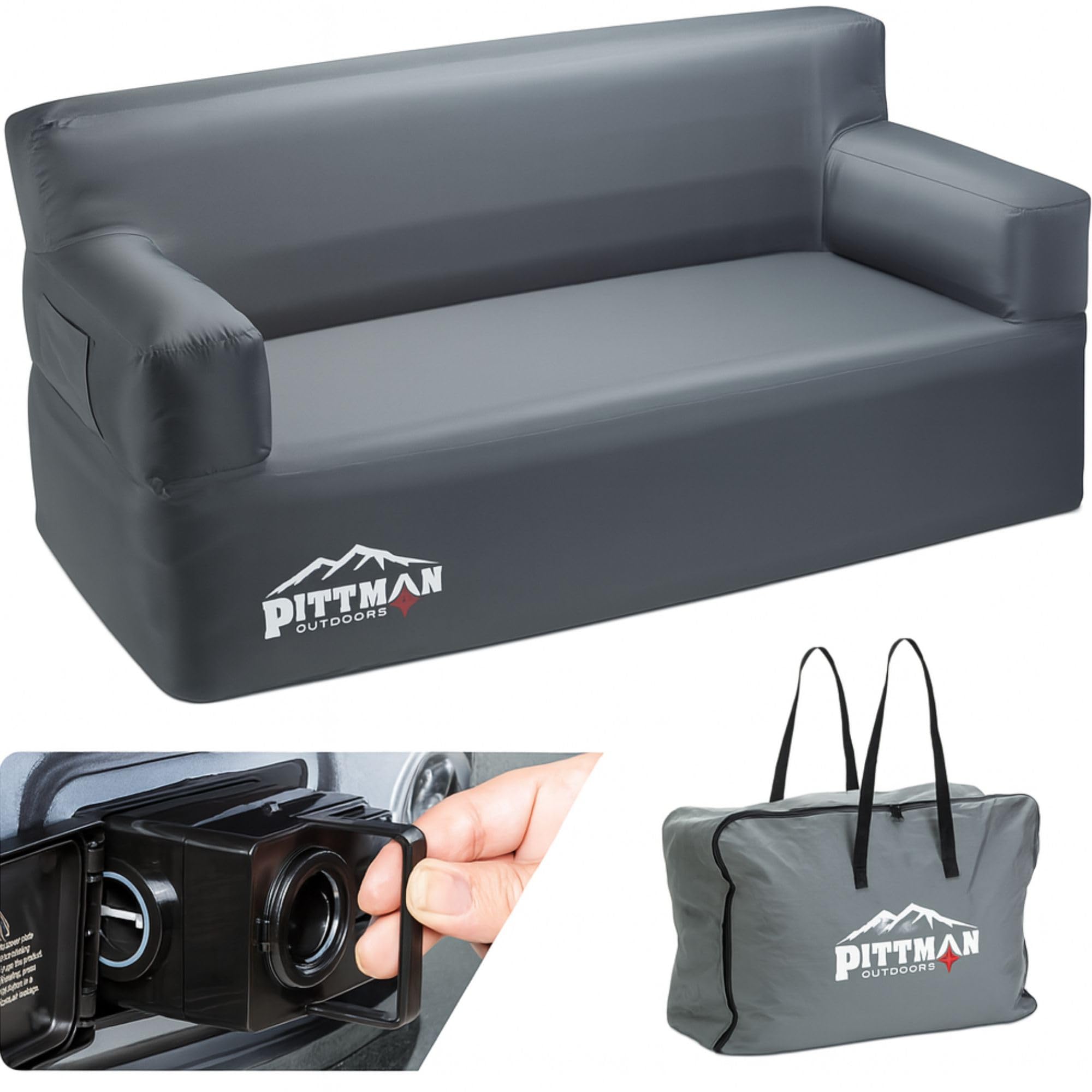 Pittman Outdoors inflatable couch built-in pump enables quick setup.