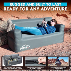 Pittman Outdoors inflatable couch in tent setup for camping.