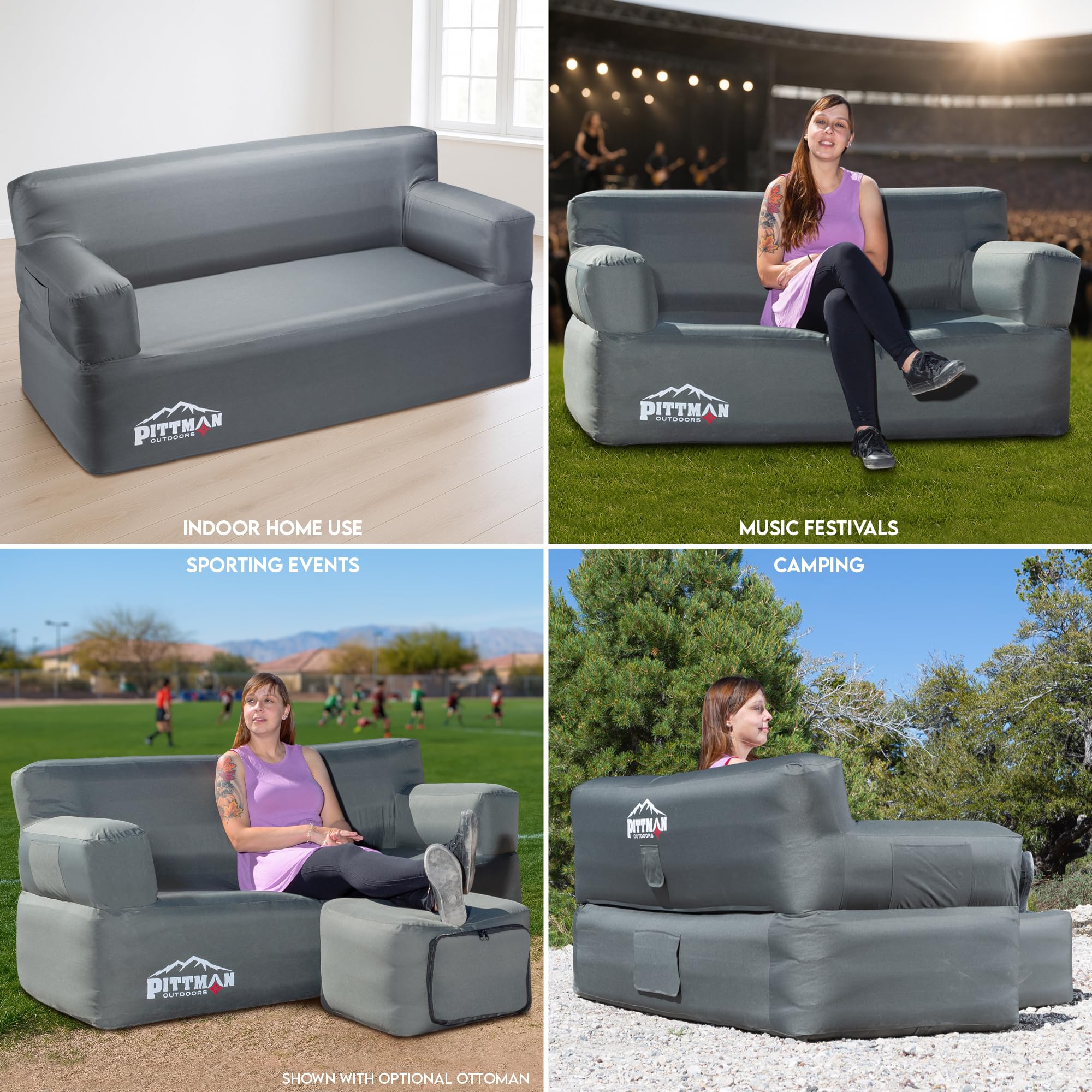 Pittman Outdoors inflatable couch stability-loops and stakes keep it secure.