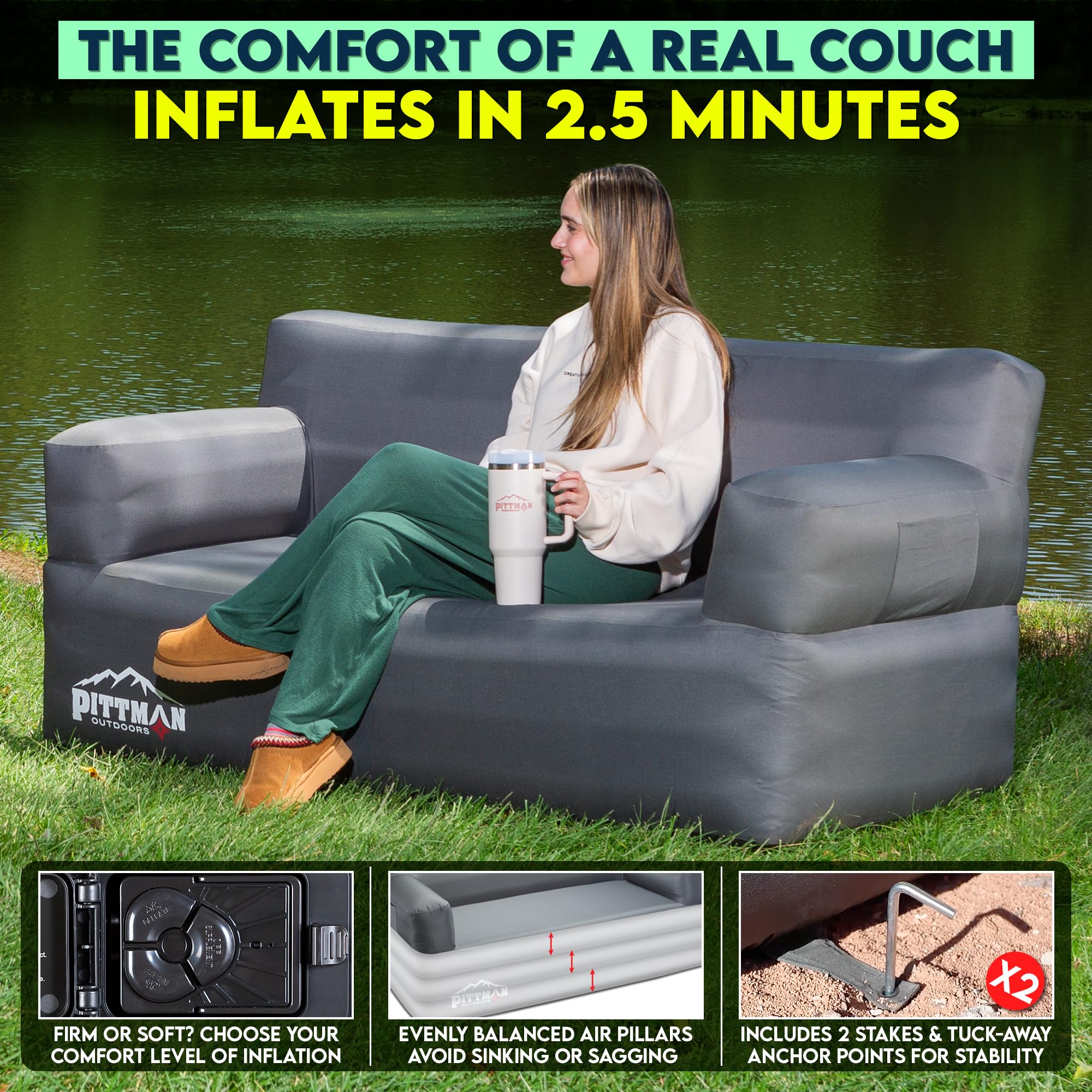 Pittman Outdoors inflatable couch seats two for camping or home.