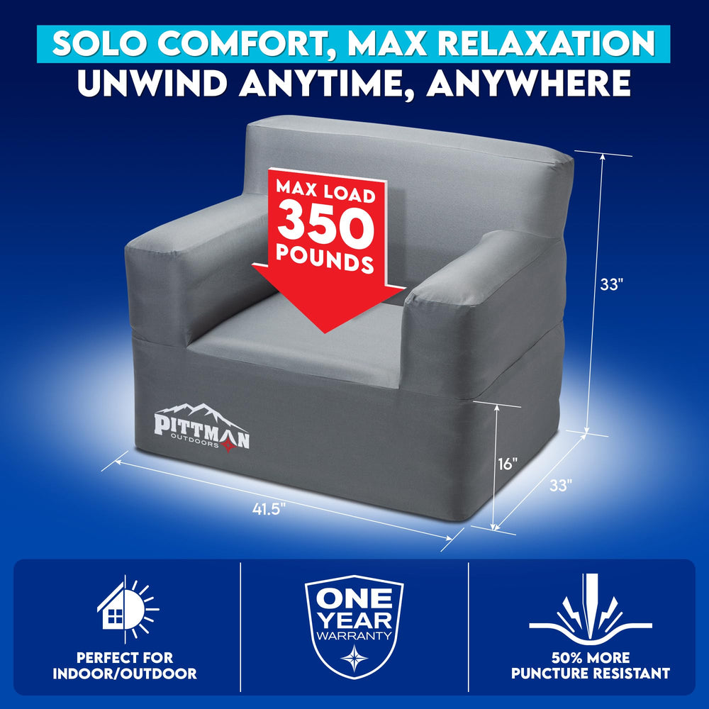 Pittman Outdoors portable inflatable couch stored in compact bag for easy transport.