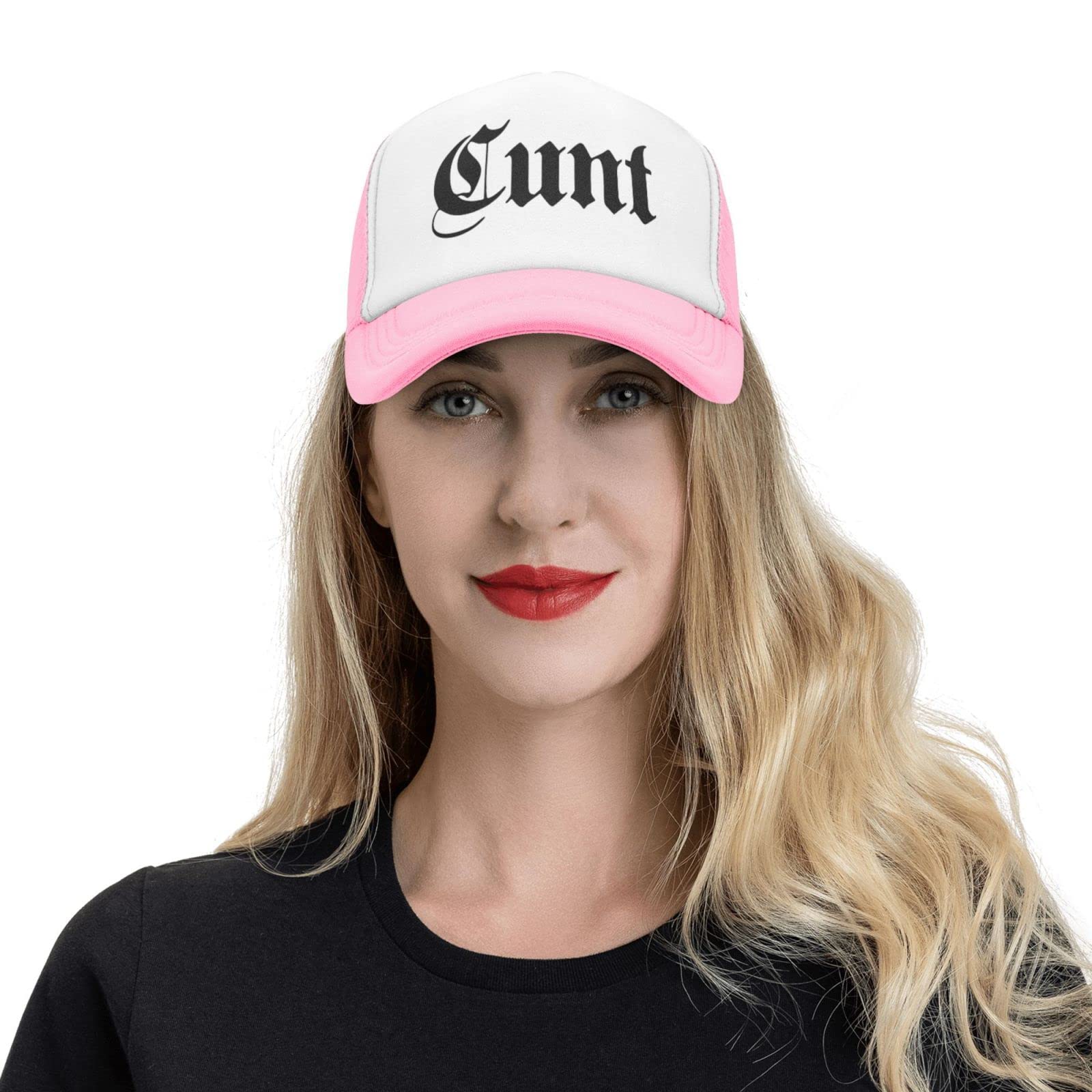 Piuuixe Cunt Funny Adjustable Mesh Trucker Hat Pink, crown view showcasing casual denim-inspired look.