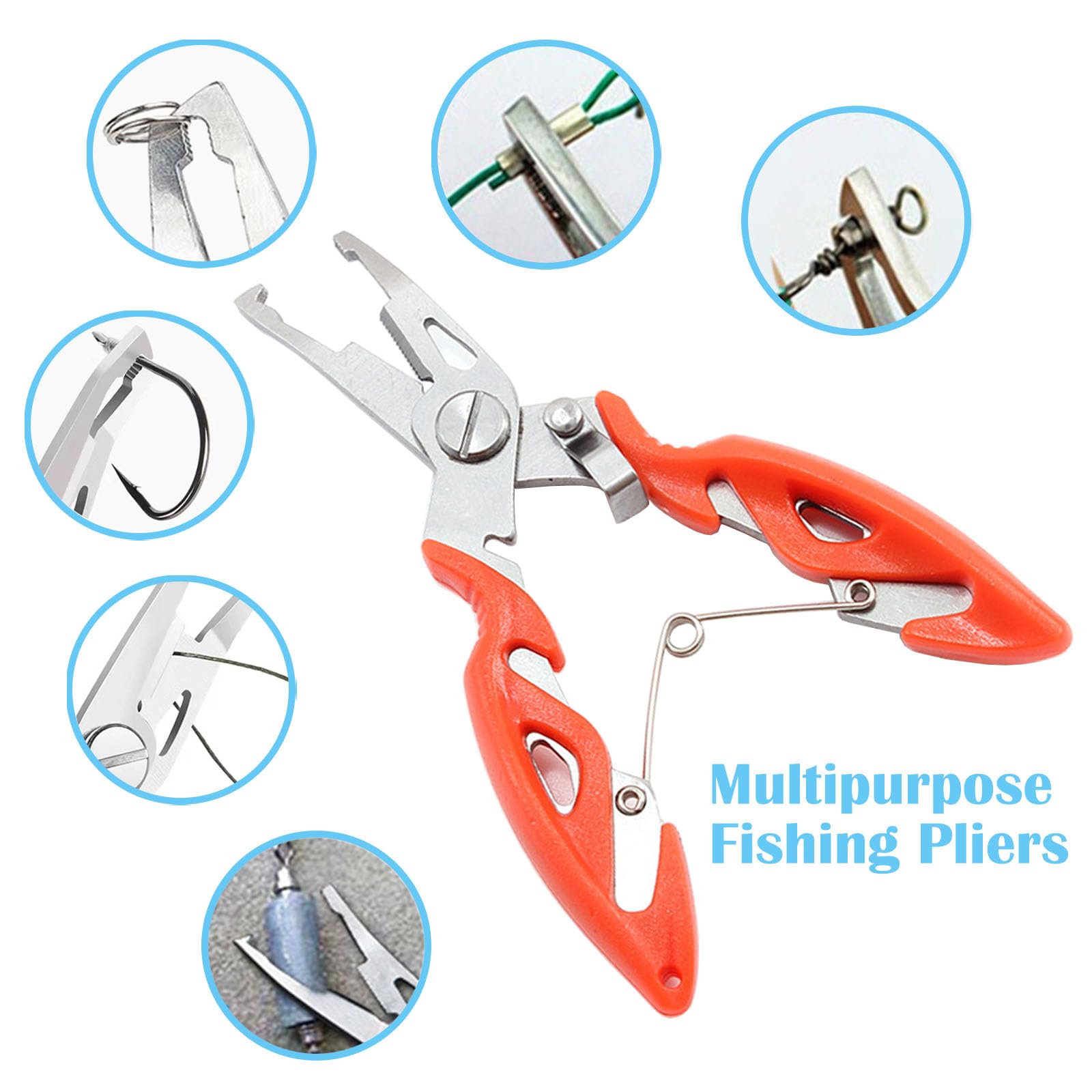 Close-up of stainless steel pliers showing split ring opener
