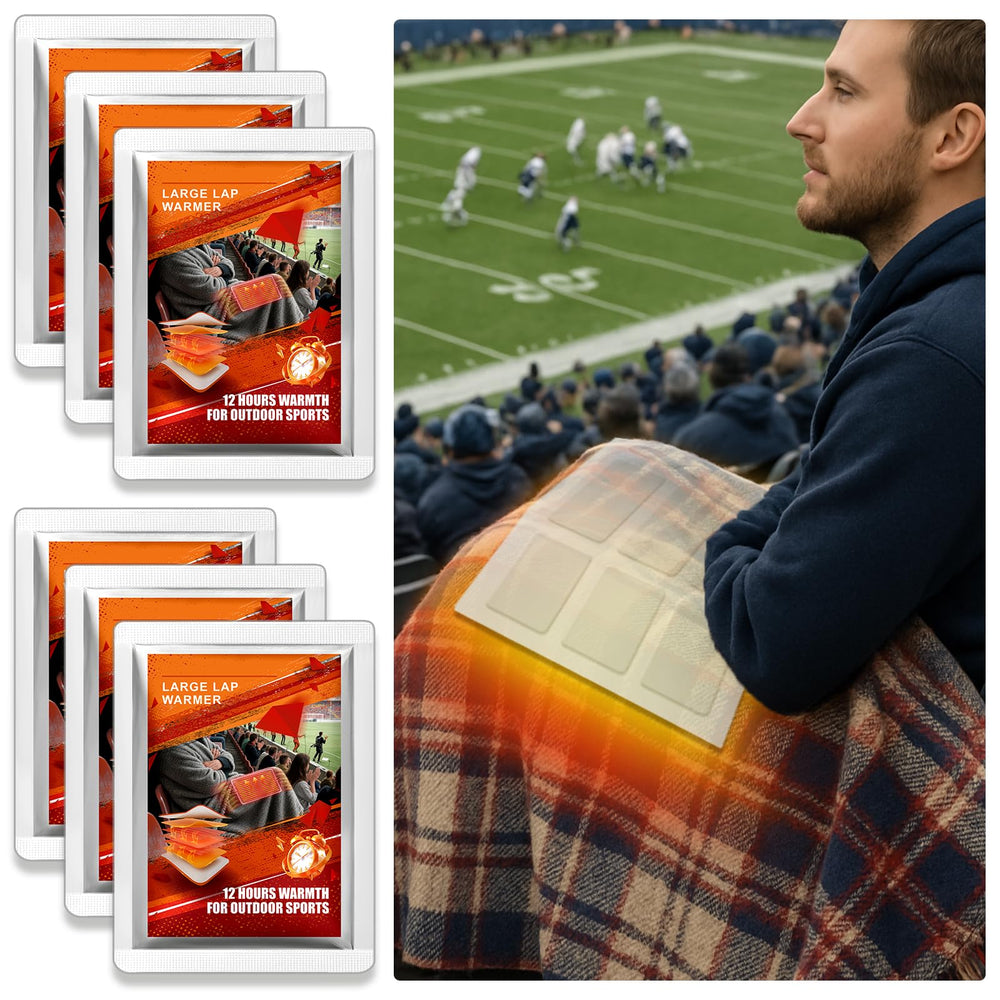 PJT lap warmers 2-pack packaging shows portable warmth for cold stadium seats.