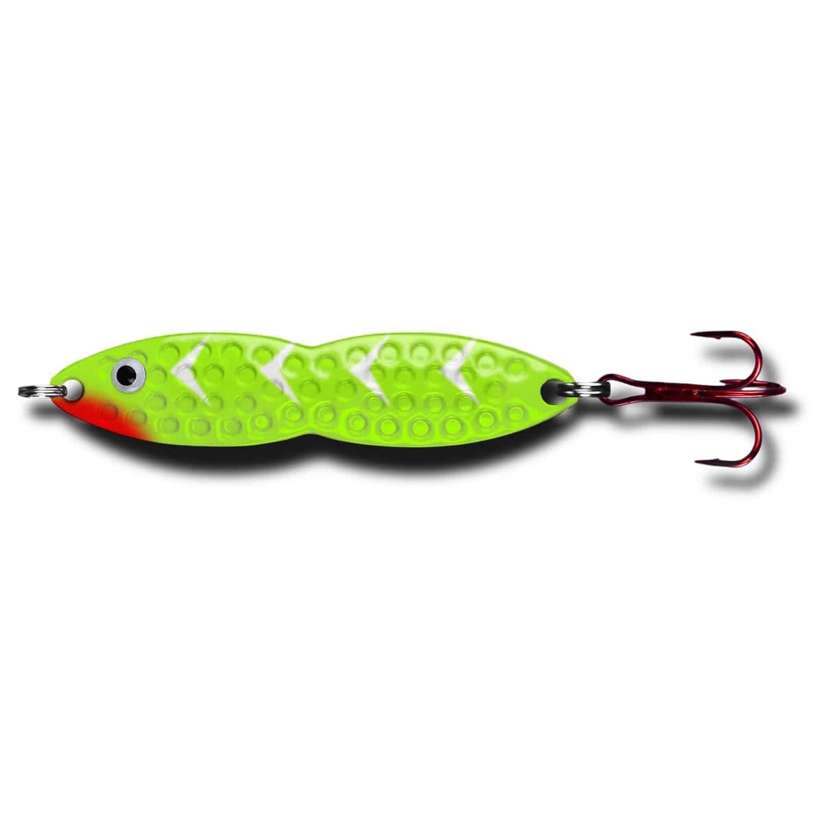 PK Lures Flutter Fish jigging spoon in lime green white tiger glow for open-water and ice fishing versatility