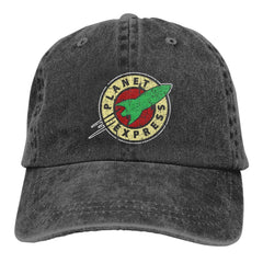 Planet Express men's black adjustable vintage washed denim baseball cap - front view