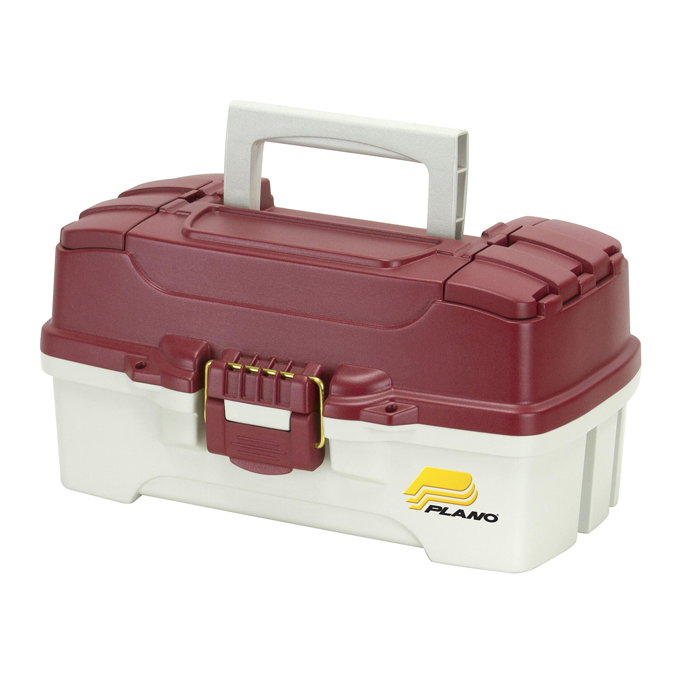 Plano 1-Tray Tackle Box closed in red metallic for easy transport and secure storage.