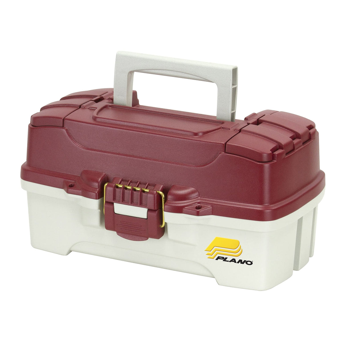 Plano 1-Tray Tackle Box closed in red metallic for easy transport and secure storage.