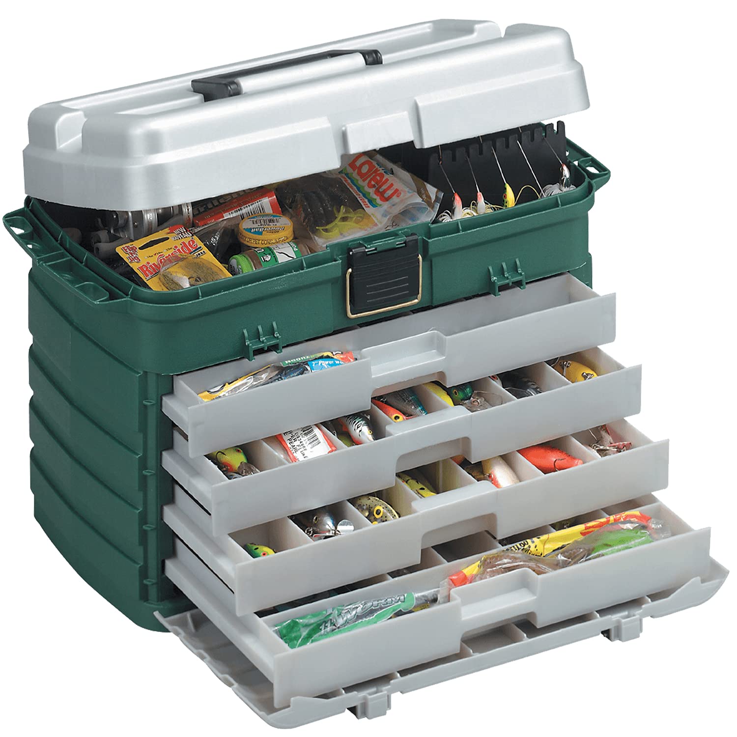 Plano 4-drawer tackle box durable latch and carry handle for secure transport.