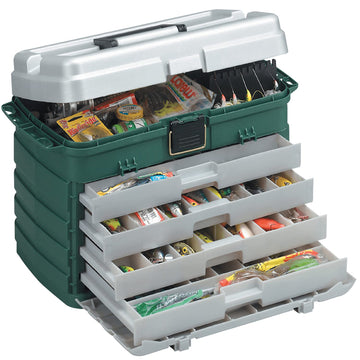 Plano 4-drawer tackle box durable latch and carry handle for secure transport.