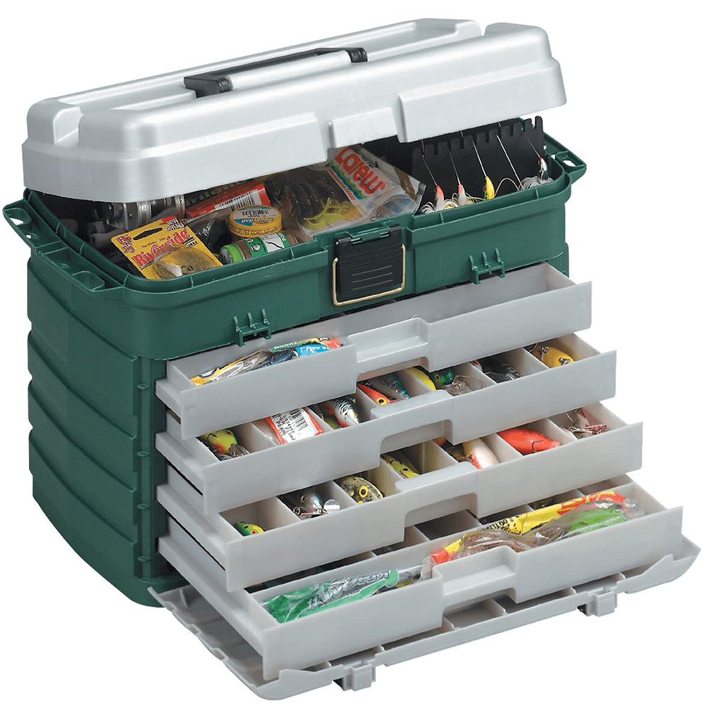 Plano 4-drawer tackle box durable latch and carry handle for secure transport.
