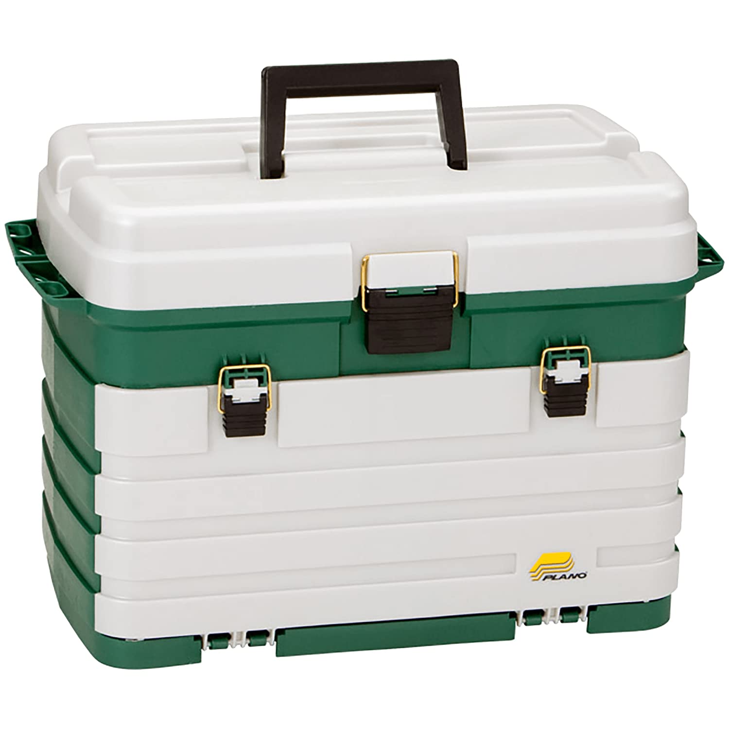 Plano 4-drawer tackle box front view with green metallic finish, showing durable design.