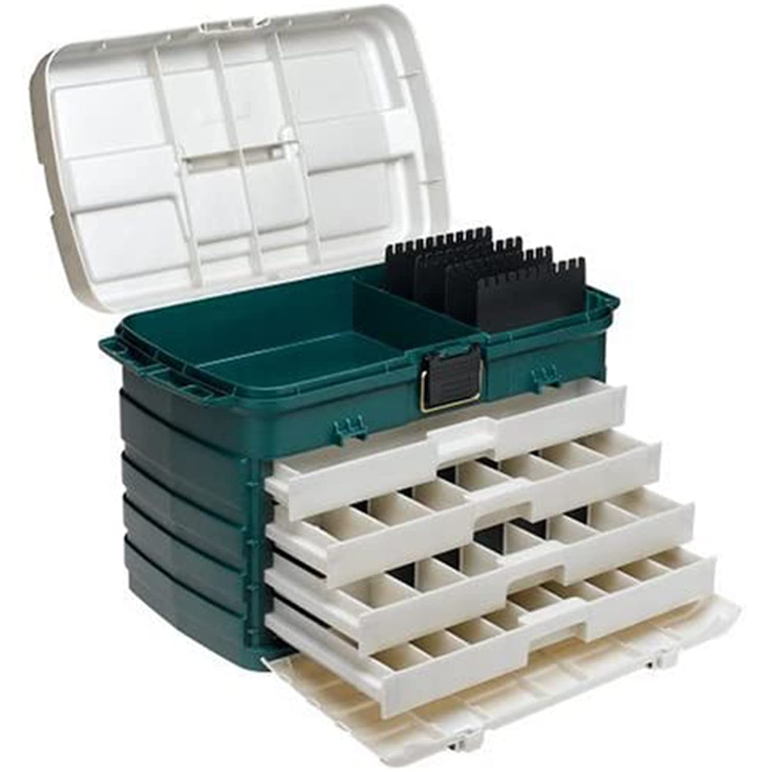 Plano 4-drawer tackle box open trays demonstrating adjustable dividers for organization.