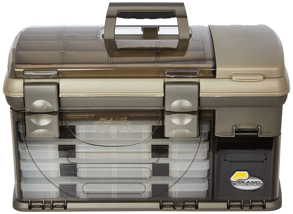 Open tackle box showing four 2-3701 utility boxes and removable bait racks