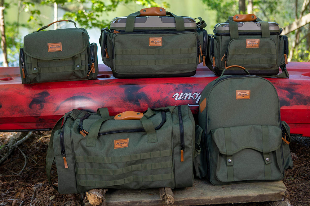 Plano A-Series 3600 tackle bag in forest green, inside view with four StowAway boxes.