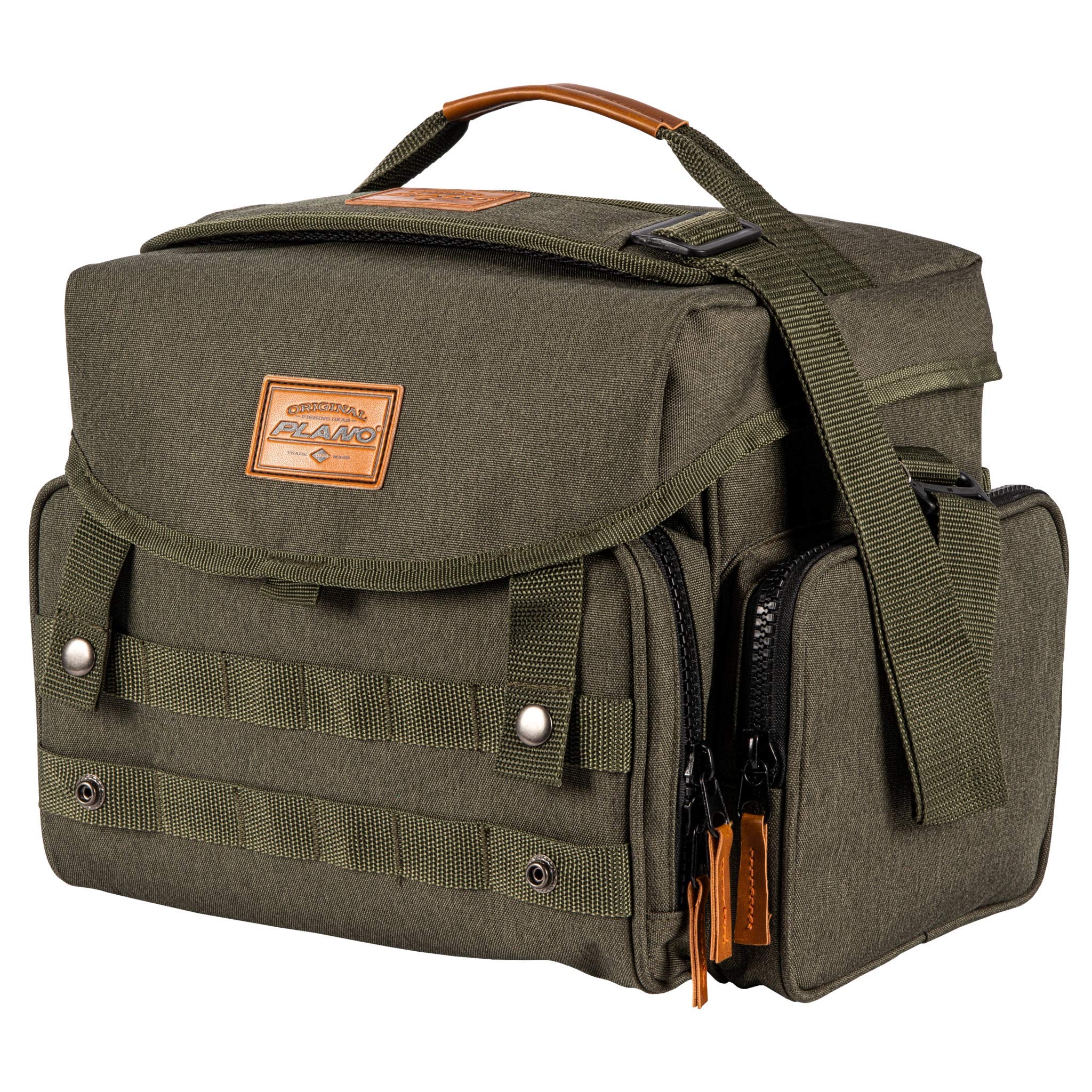Plano A-Series 3600 tackle bag open in forest green, easy tackle access.