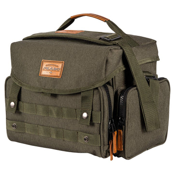 Plano A-Series 3600 tackle bag open in forest green, easy tackle access.