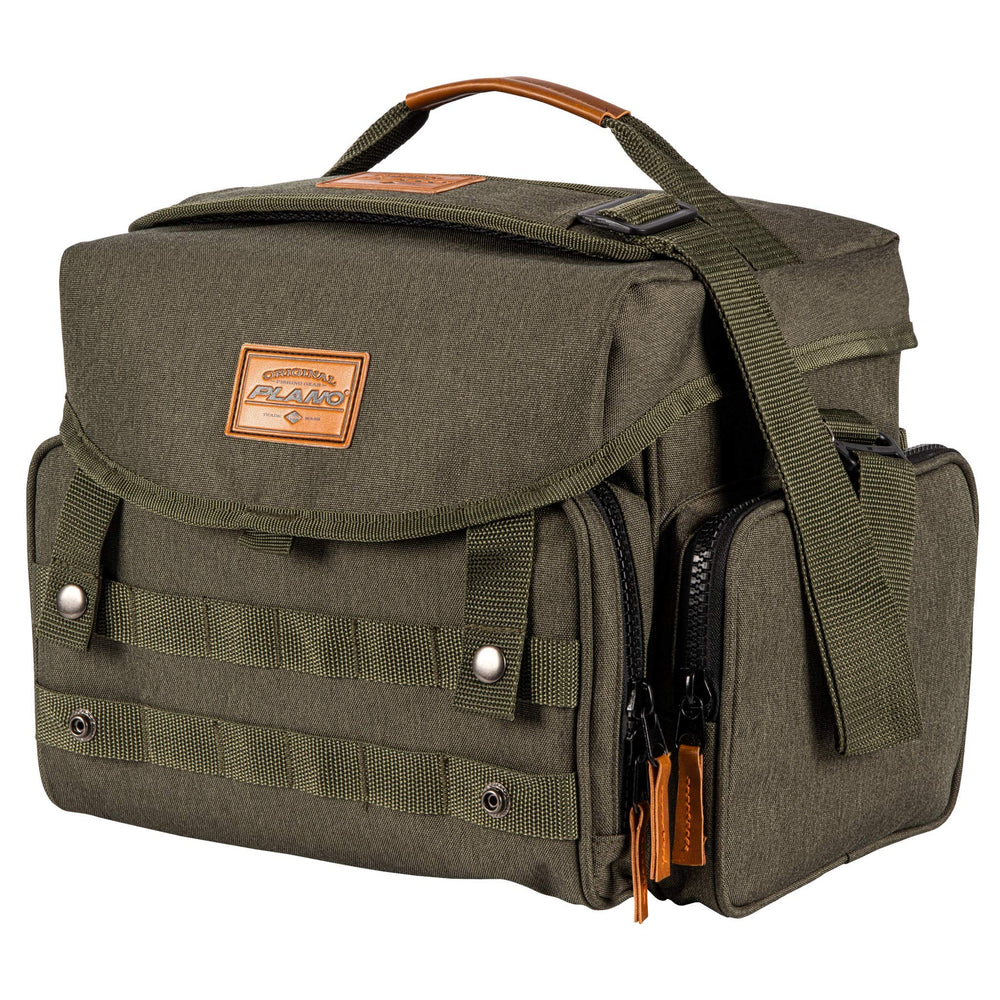 Plano A-Series 3600 tackle bag open in forest green, easy tackle access.