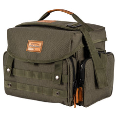 Plano A-Series 3600 tackle bag open in forest green, easy tackle access.