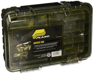 Plano Archery Accessory Box (Camo) front view shows organized storage.