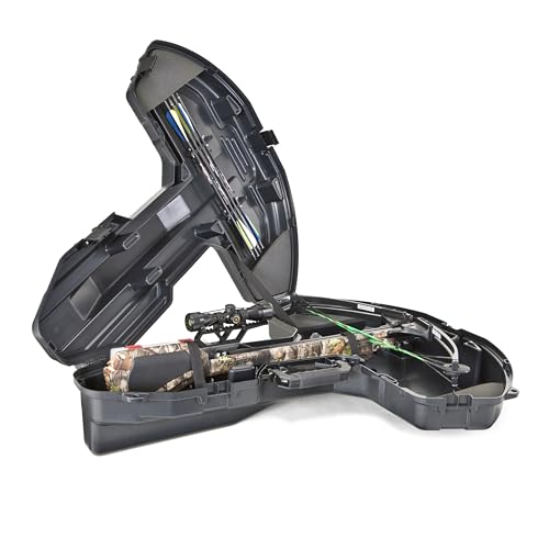 Plano Bow Max Crossbow Case interior showing foam padding and tie-down straps securing bow