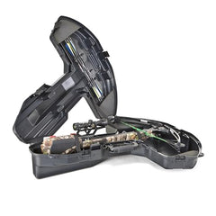 Plano Bow Max Crossbow Case interior showing foam padding and tie-down straps securing bow
