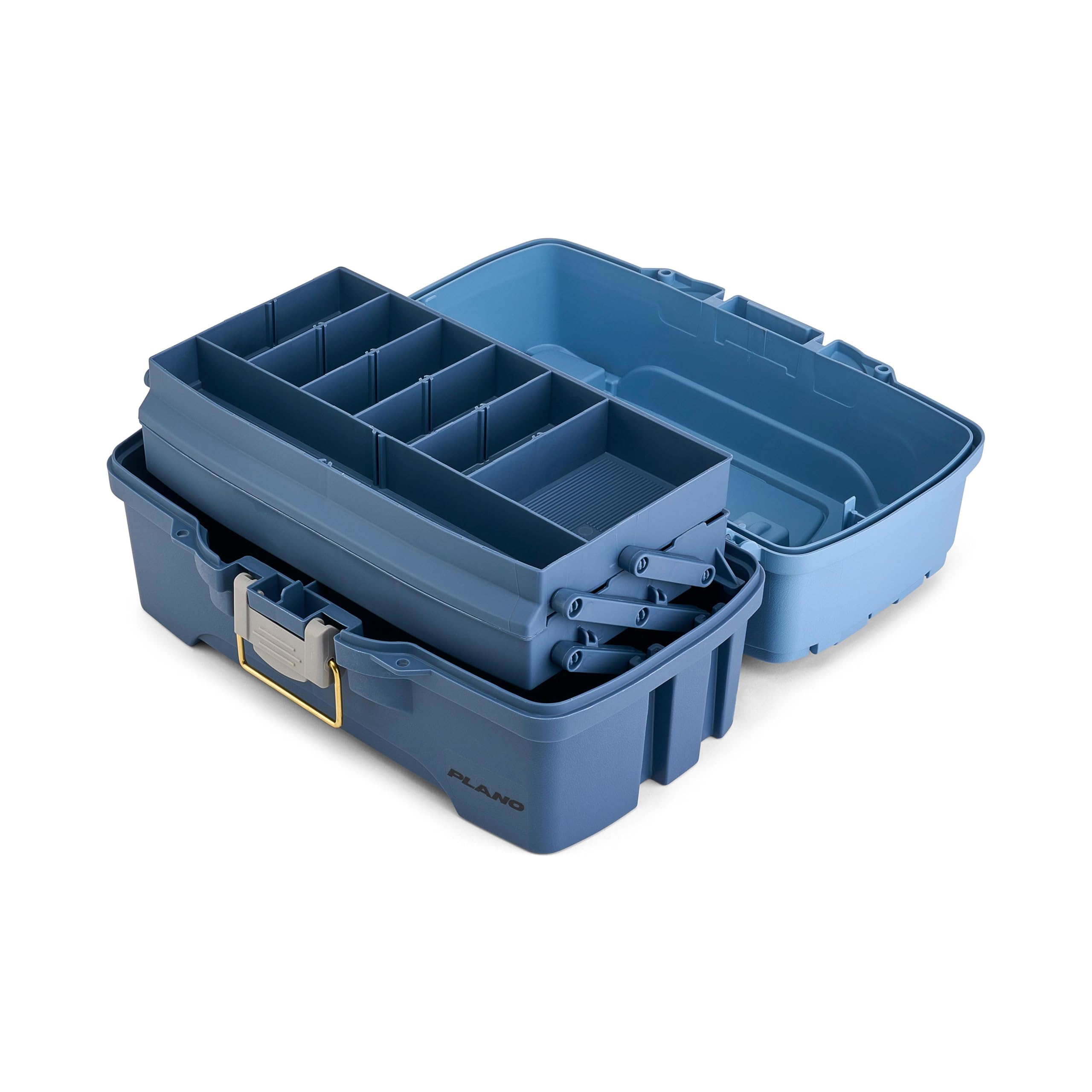 Plano Catch All Tray Tackle Box Kit contents include lures, hooks, and bobbers.