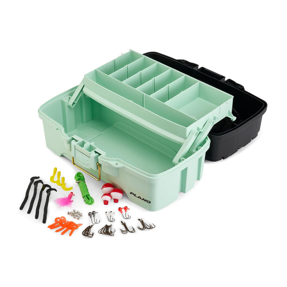 Plano Catch All Tray Tackle Box Kit front view with rust-proof brass latch for secure transport.