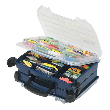 Plano double cover tackle organizer with blue/clear lid showing up to 208 compartments for fishing gear