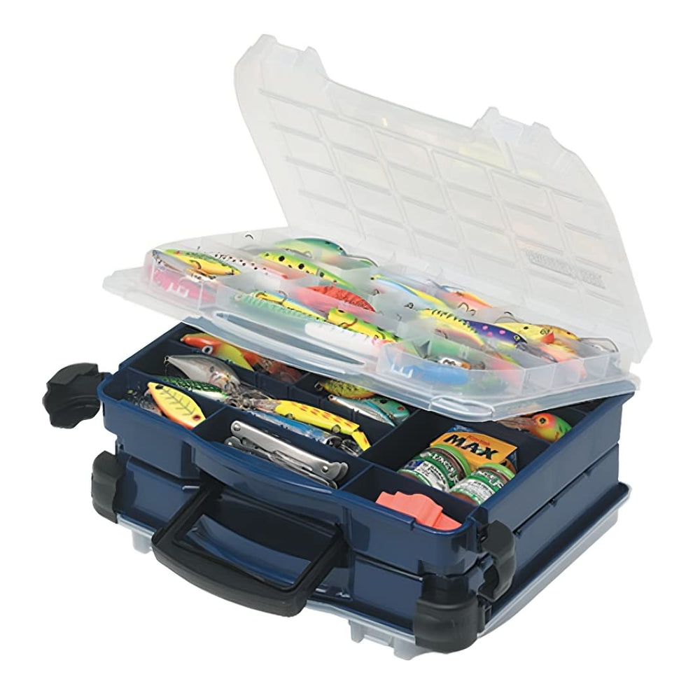 Plano double cover tackle organizer with blue/clear lid showing up to 208 compartments for fishing gear
