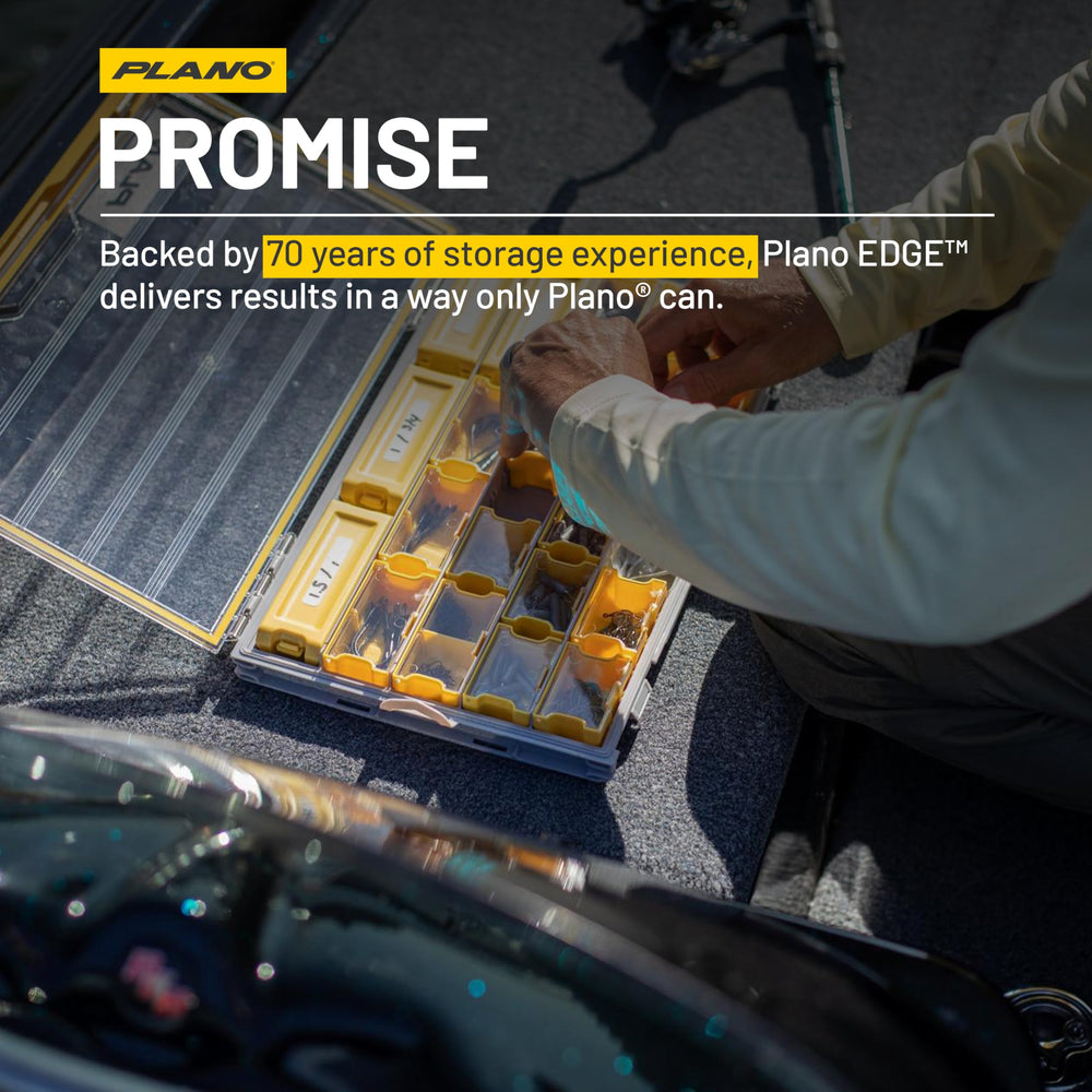 Plano Edge yellow hook retainer tray keeps hooks visible and organized.