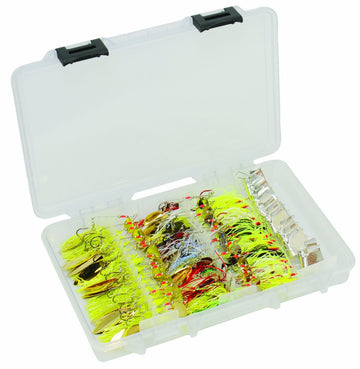 Plano Elite Series StowAway 3700 transparent tackle box storing spinnerbaits and buzzbaits