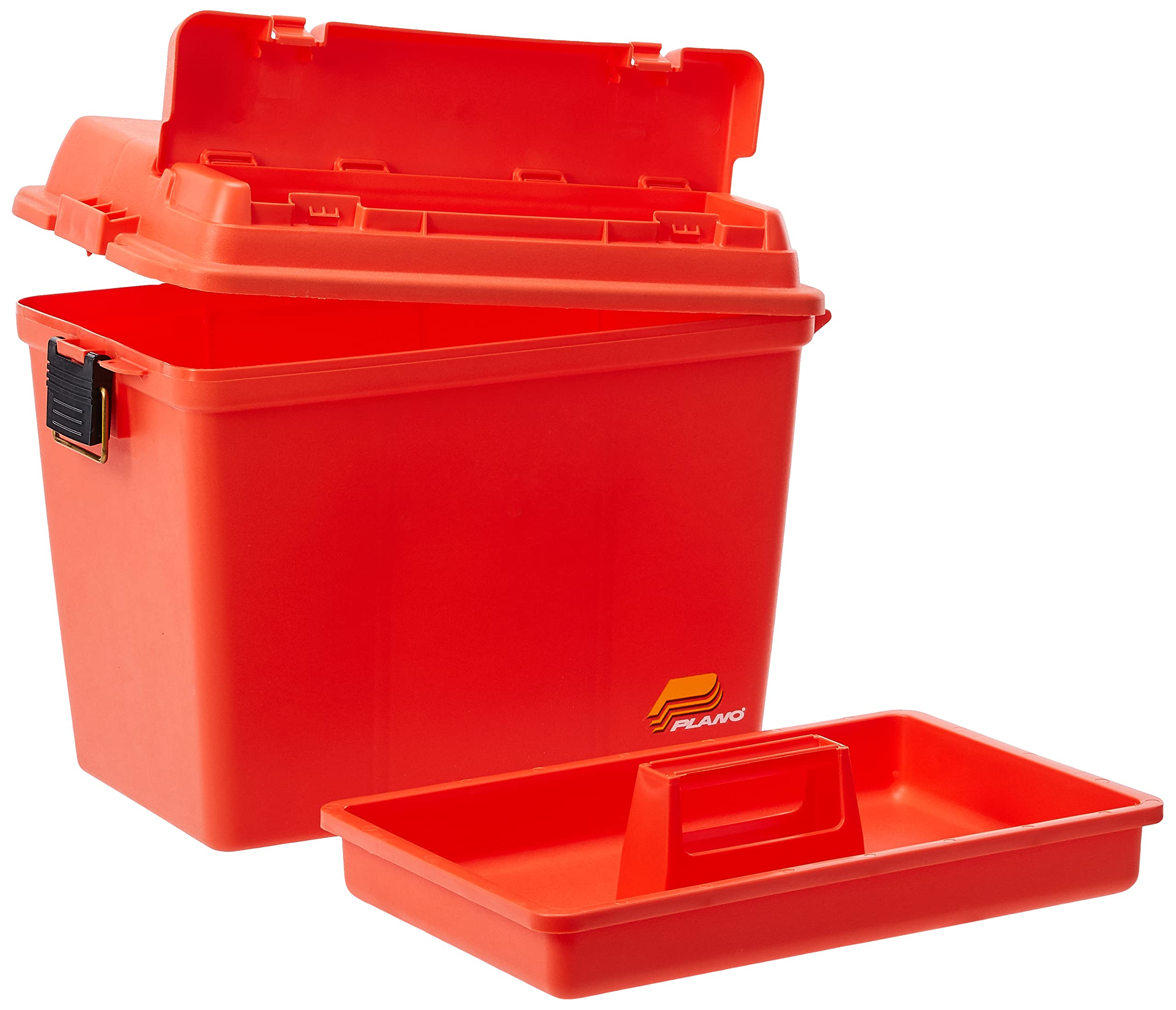 Orange Plano Dry Box opened to show large bulk storage area and lift-out tray